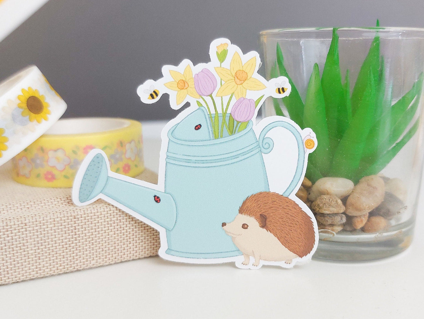 Watering Can Sticker - Hedgehog and Flowers