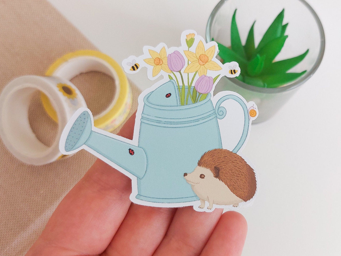 Watering Can Sticker - Hedgehog and Flowers