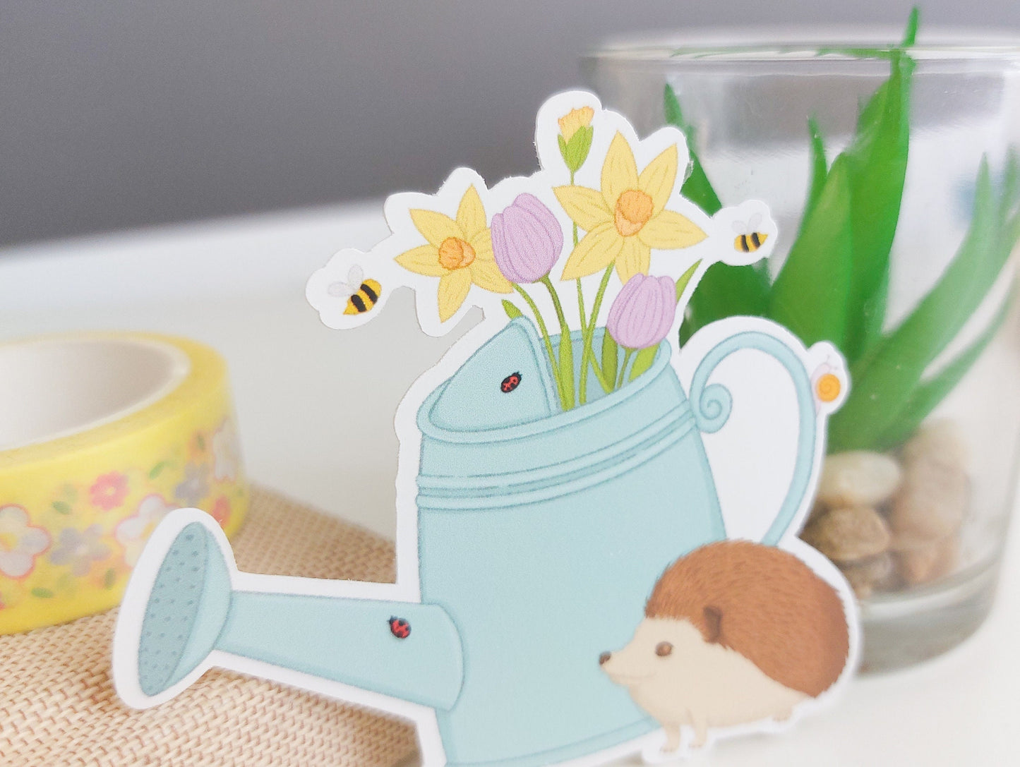 Watering Can Sticker - Hedgehog and Flowers